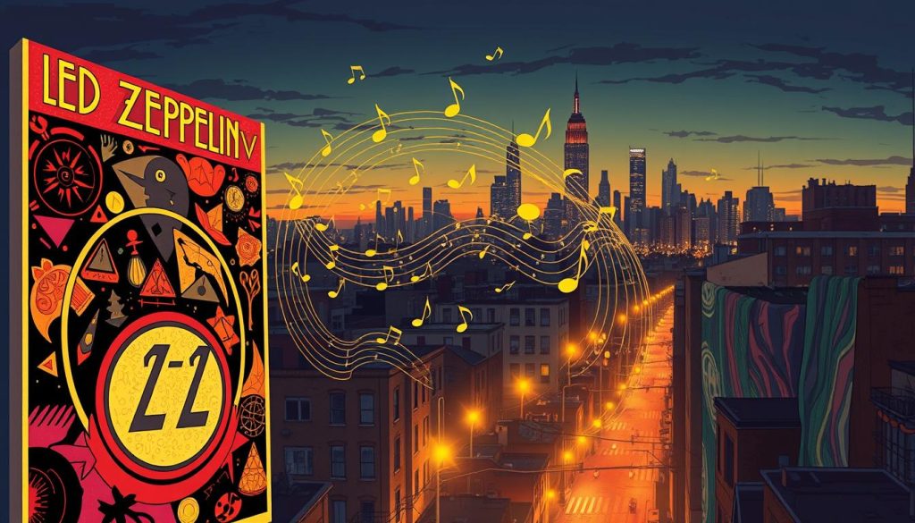 A vibrant illustration inspired by Led Zeppelin's iconic albums, "Led Zeppelin IV" and "Physical Graffiti." In the foreground, depict an abstract representation of the iconic imagery from both album covers, merging elements like the mysterious symbols and the urban architecture of New York City's tenement buildings. In the middle, include ethereal musical notes swirling around in a dynamic flow, representing the energy of rock music. The background should feature a moody city skyline at dusk, illuminated by soft, golden streetlights. Use warm lighting to create an inviting yet nostalgic atmosphere, invoking the spirit of the 1970s rock scene. The image should capture the essence of musical creativity, balance between concision and vastness, emphasizing the enduring legacy of these two legendary albums.