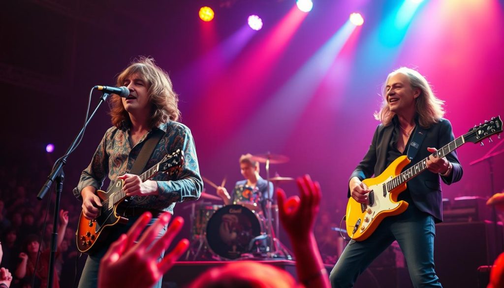 A vibrant scene of a Led Zeppelin live concert, capturing the electric energy of a 1970s rock performance. In the foreground, musicians are passionately playing their instruments: Robert Plant, dressed in a stylish 1970s shirt, is singing into a vintage microphone, while Jimmy Page, in a fitted jacket and jeans, skillfully plays his iconic guitar. The middle ground showcases a dynamic drummer and bassist, creating an engaging ensemble. The background features a packed crowd, hands raised in excitement, with colorful stage lights illuminating the scene. The atmosphere is electric with a slight haze from the lighting effects. Shot from a low angle to emphasize the performers, using a warm color palette to evoke nostalgia, enhancing the live concert experience.