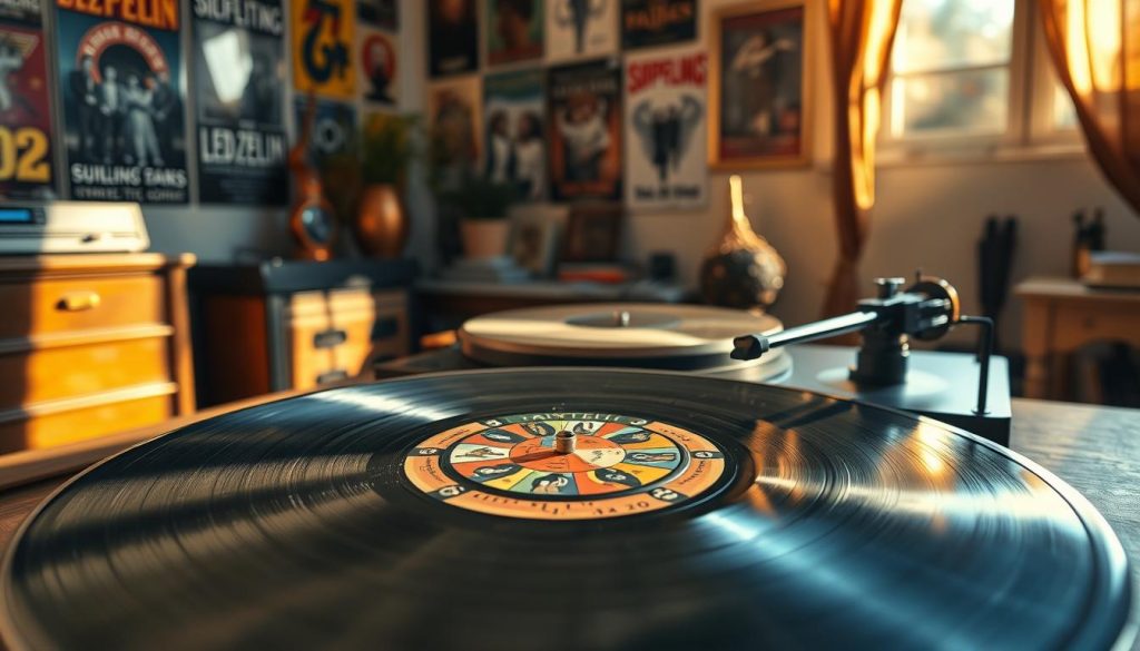 A vintage vinyl record cover inspired by "Led Zeppelin III," featuring intricate, colorful rotating wheel designs reminiscent of the album's original art. In the foreground, the album cover lies open, displaying the iconic wheel and vibrant illustrations, with sunlight gently reflecting off its glossy surface. The middle layer showcases a classic wooden record player, its tonearm poised above the vinyl. In the background, a cozy room adorned with eclectic decor, including posters of 1970s rock bands and warm golden light streaming through a window, creates an inviting atmosphere. Soft shadows add depth and warmth, evoking a nostalgic and artistic vibe associated with legendary music experiences.