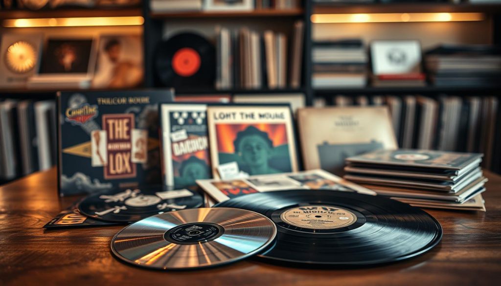 A visually striking arrangement of various music formats displayed elegantly on a wooden table. In the foreground, a shiny CD lies next to a classic black vinyl record, both reflecting soft, warm light. A beautifully designed box set with intricate artwork is opened, showcasing its colorful booklets and memorabilia. A vintage paper sleeve, slightly crumpled, hints at a rich history. In the middle ground, blurred vinyl records leaning against each other create depth, while a subtle bokeh effect adds a dreamy atmosphere. The background features softly lit shelves lined with more records and music-related items, enhancing the mood of nostalgia and appreciation for music history. The scene is captured from a slightly elevated angle, invoking curiosity and warmth.