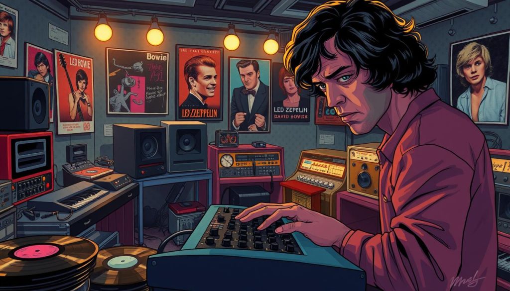 A vivid illustration capturing the essence of the tensions in 1970s music, set in a dimly lit recording studio filled with vintage instruments. In the foreground, a serious musician adjusts an analog synthesizer, their expression reflecting the struggles and innovations of the era. The middle ground features scattered vinyl records and analog tape reels, hinting at the musical evolution of the time. In the background, soft, diffused lights cast a warm glow, illuminating a wall adorned with posters of iconic bands from the '70s, like Led Zeppelin and David Bowie. The overall atmosphere is one of nostalgia, creativity, and a sense of impending change, evoking the complex narrative of the late 1970s music scene.