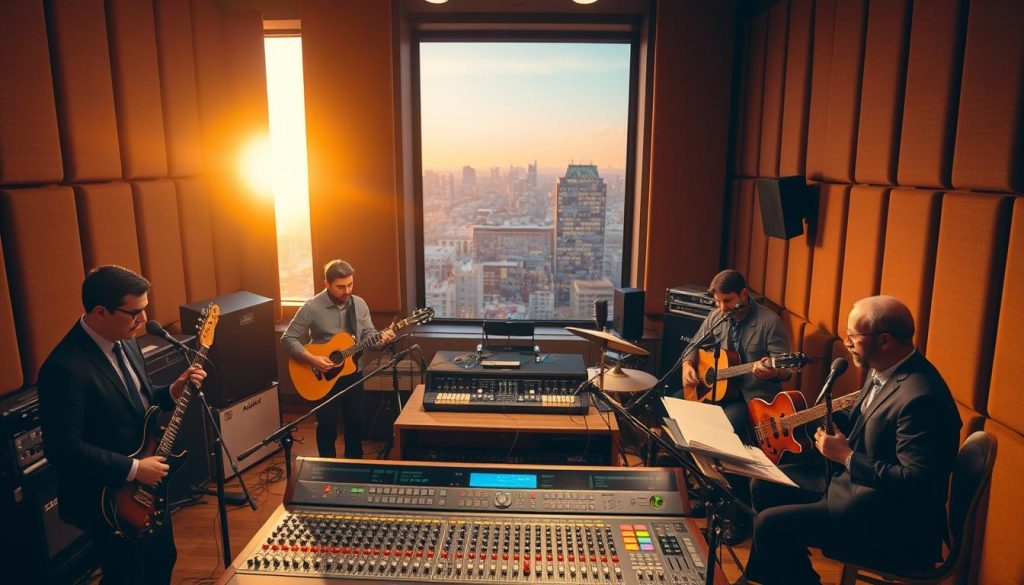 A warm, inviting recording studio filled with vintage audio equipment, surrounded by soundproof panels. In the foreground, a diverse group of five musicians, dressed in smart casual attire, are intensely focused on their instruments and mixing console. The middle ground features a large, classic sound mixer with vibrant lights and various mics positioned around the room, capturing the essence of music creation. The background shows a large window revealing a glimpse of a city skyline, bathed in golden hour sunlight, enhancing the atmosphere with a sense of creativity and collaboration. The lighting is soft and warm, creating a nostalgic yet inspiring mood, perfect for conveying the depth and artistry behind an often-underestimated album.