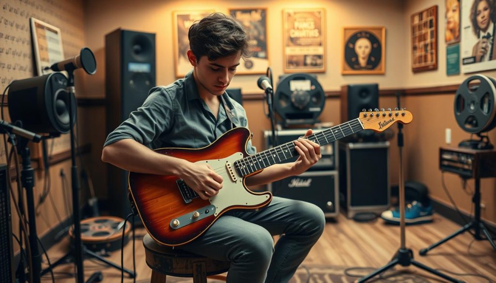 A young male guitarist in a modest casual outfit, intensely focused on a vintage recording studio. He sits on a worn-out wooden stool, cradling an iconic electric guitar with intricate details and a unique finish, showcasing his individual style. The foreground captures his hands expertly positioning the instrument as if tuning it for the perfect sound. The middle layer features a mix of analog recording equipment, microphone stands, and a vintage reel-to-reel tape recorder, all evoking a sense of nostalgia. In the background, soft ambient lighting casts a warm glow, illuminating soundproofed walls adorned with musical notes and framed record covers. The overall mood is introspective and creative, reflecting an atmosphere of artistic exploration prior to rock stardom. A young male guitarist in a modest casual outfit, intensely focused on a vintage recording studio. He sits on a worn-out wooden stool, cradling an iconic electric guitar with intricate details and a unique finish, showcasing his individual style. The foreground captures his hands expertly positioning the instrument as if tuning it for the perfect sound. The middle layer features a mix of analog recording equipment, microphone stands, and a vintage reel-to-reel tape recorder, all evoking a sense of nostalgia. In the background, soft ambient lighting casts a warm glow, illuminating soundproofed walls adorned with musical notes and framed record covers. The overall mood is introspective and creative, reflecting an atmosphere of artistic exploration prior to rock stardom.