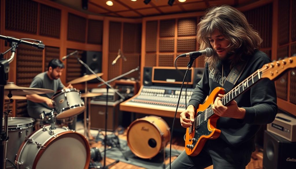 An iconic Led Zeppelin recording session in a vintage studio, showcasing a focus on musical criteria such as guitar, drums, and production. In the foreground, a skilled guitarist passionately playing a classic electric guitar, with intricate details on the instrument. To the left, a drummer intensely engaged with their drum kit, capturing the rhythm and energy of the music. The middle ground features a sound engineer thoughtfully adjusting knobs on a large mixing console, surrounded by vintage audio equipment and microphones. The background reveals soundproofed walls adorned with acoustic panels, softly illuminated by warm studio lights. The atmosphere is creative and immersive, evoking a sense of musical genius and collaboration, with a slight blur effect to enhance the mood. The image should inspire a feeling of classic rock excellence without any text or visual distractions.